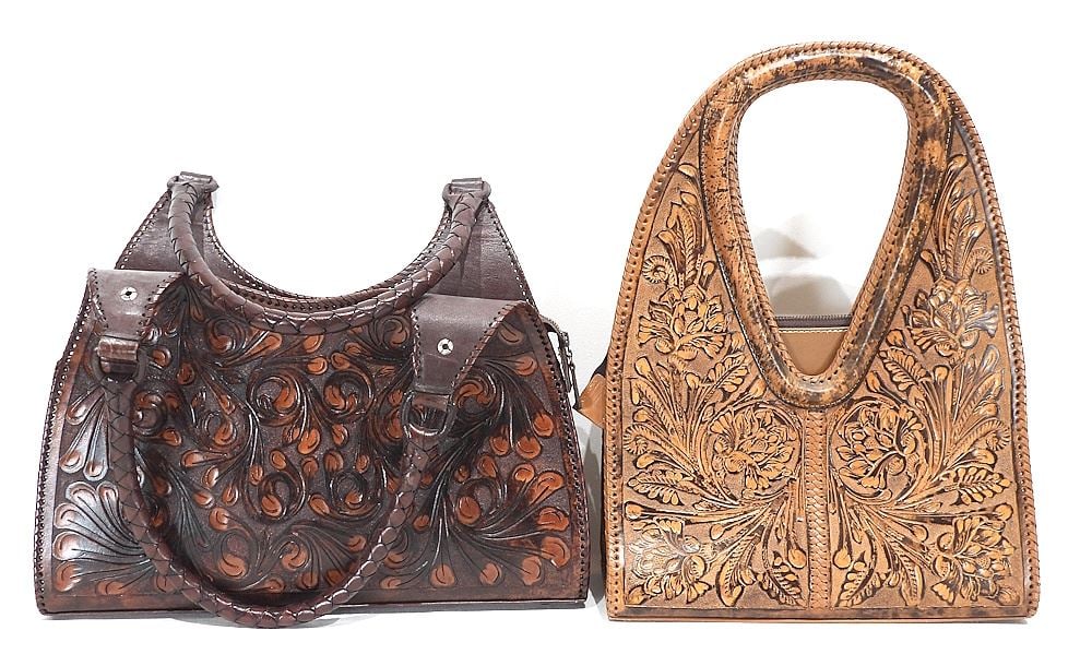 Five Leather Tooled/Molded/Patchwork Handbags, 9 3/4 - 17"L. - 2