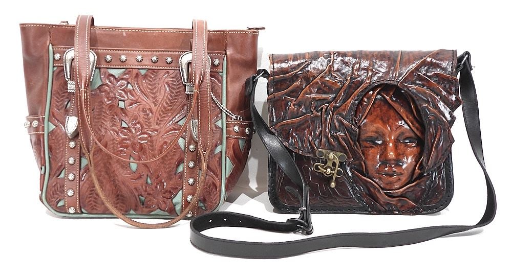 Five Leather Tooled/Molded/Patchwork Handbags, 9 3/4 - 17"L. - 6