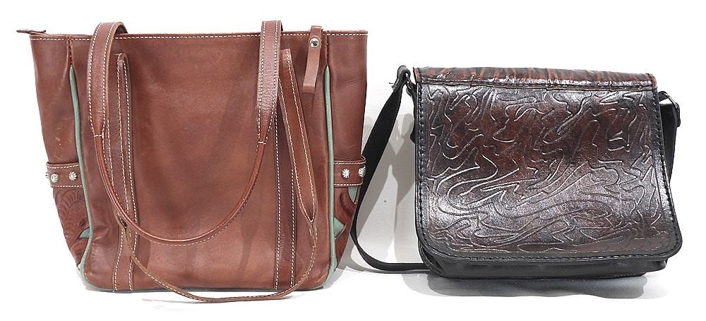 Five Leather Tooled/Molded/Patchwork Handbags, 9 3/4 - 17"L. - 7