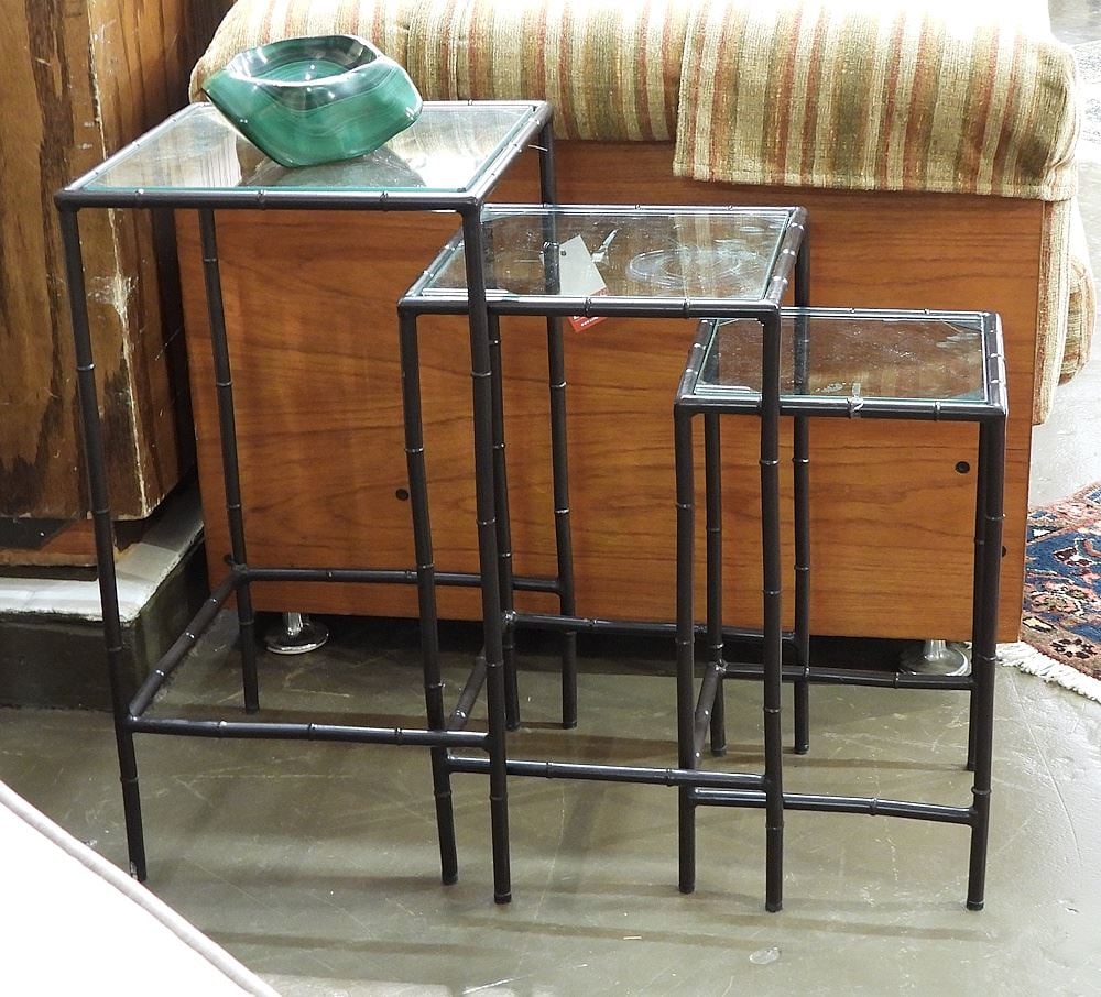 Trio of Bamboo Motif Glass Top Metal End Tables. (1 of 2)