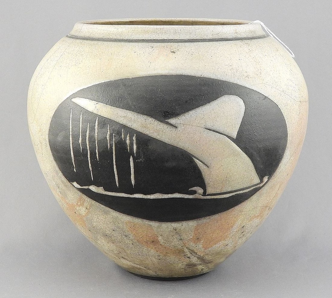 Raku "Whale" Design Vase Monogrammed JC, 7 1/2"h. (1 of 4)