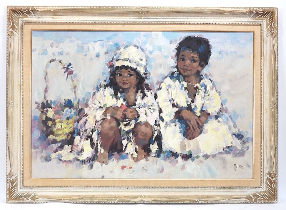 Oil on Canvas signed Maleter, 24 x 36" "Children with Basket".: Oil on Canvas signed Maleter, 24 x 36" "Children with Basket".