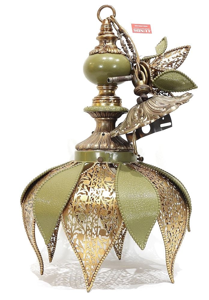 1960's Lamp Fashion Mfg. Co. Green & Gilt metal Pendant Ceiling Fixture & Mount, 19"h. (1 of 3)