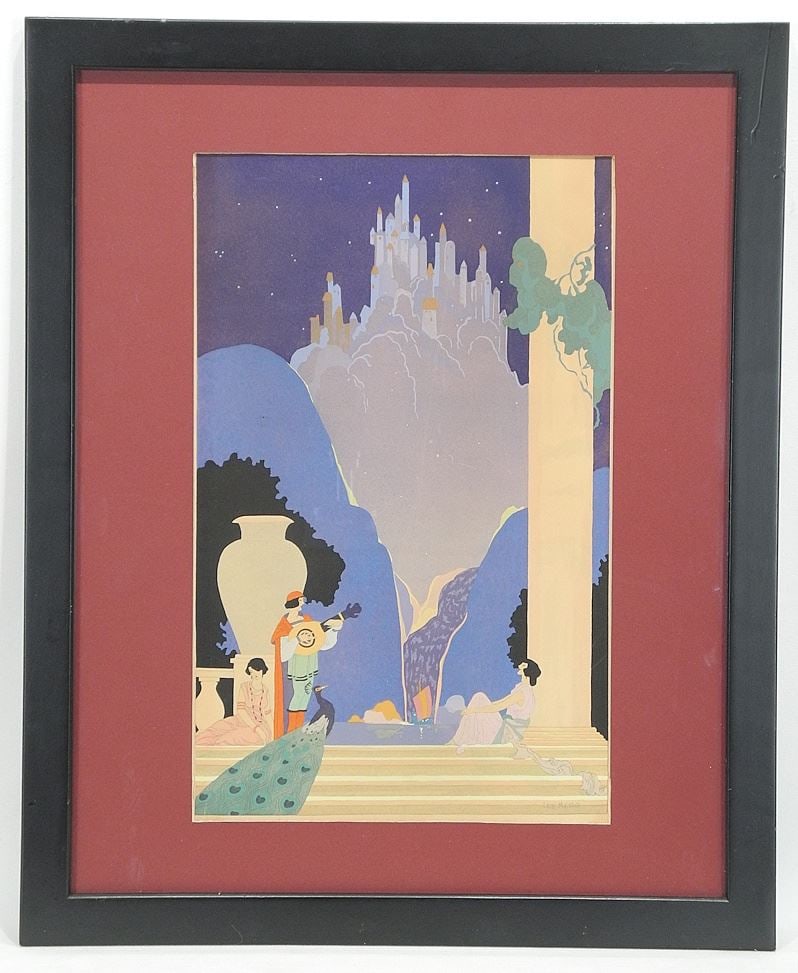 Mixed Media Illustration signed Lee Mero, 16 x 10", "Minstrel Serenading Ladies".: Mixed Media Illustration signed Lee Mero, 16 x 10", "Minstrel Serenading Ladies".