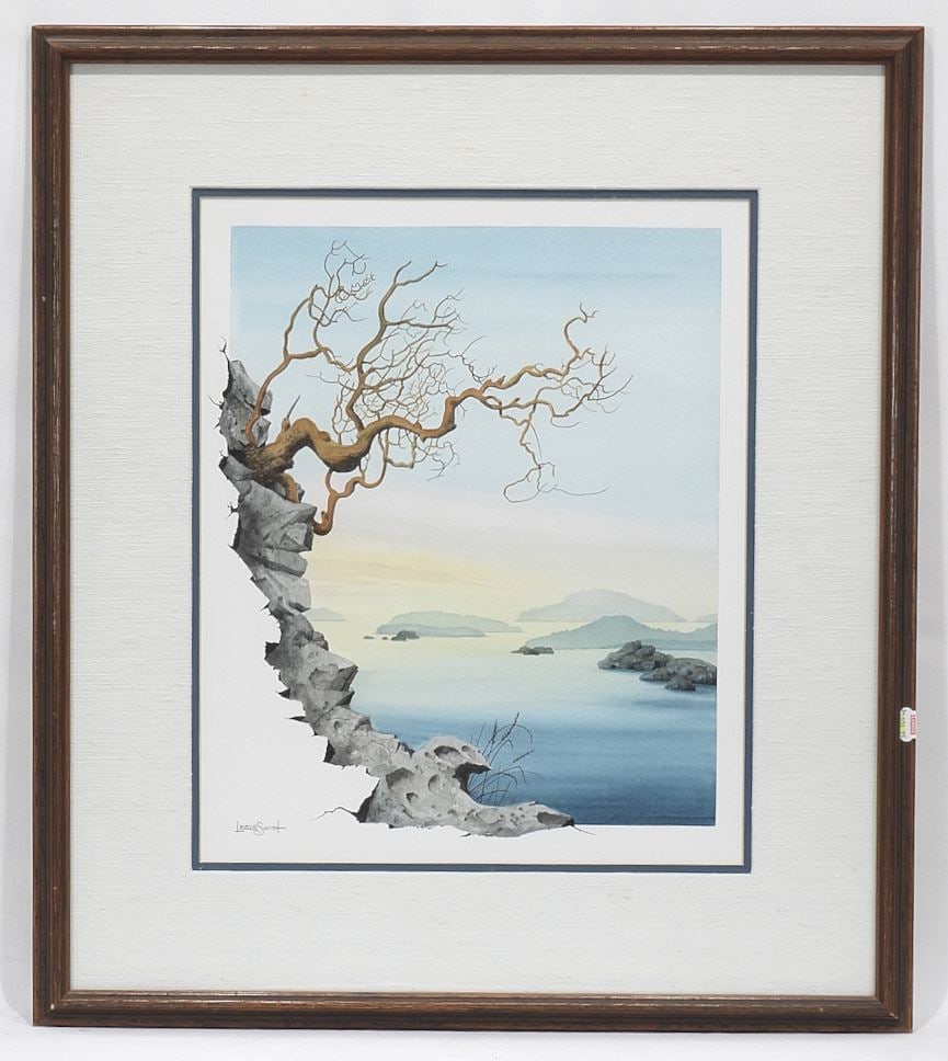 Watercolour signed Leola Smith, 17 x 13 3/4" "A Cliffhanger (Arbutus Tree)".: Watercolour signed Leola Smith, 17 x 13 3/4" "A Cliffhanger (Arbutus Tree)".