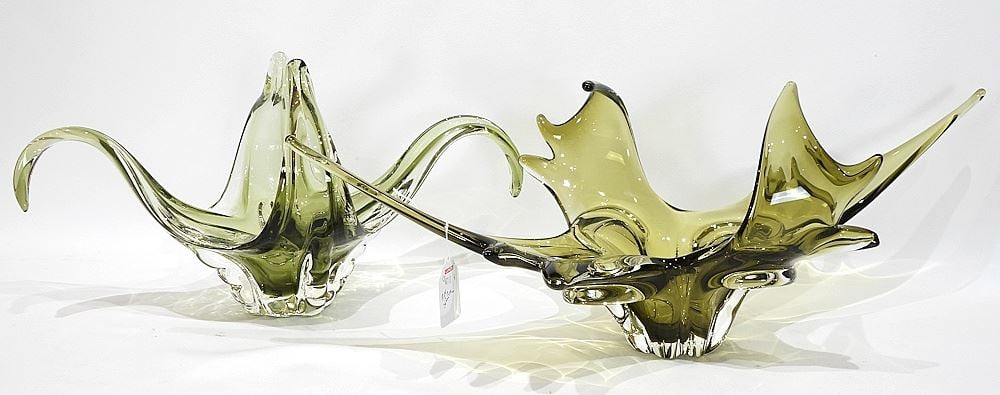 Two Chalet Style Olive Green Glass Centre Pieces, 16 & 22"L. (1 of 4)
