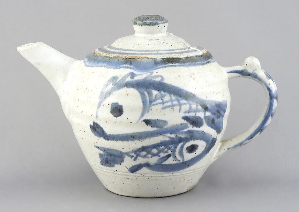 Blue & White Stoneware Teapot with Impressed Mark Under Handle, 8"L.: Blue & White Stoneware Teapot with Impressed Mark Under Handle, 8"L.