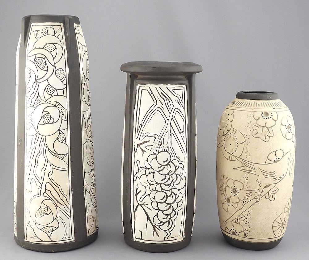 Three Weller Pottery Vases, 8 1/2 -12 1/2"h.: Three Weller Pottery Vases, 8 1/2 -12 1/2"h.