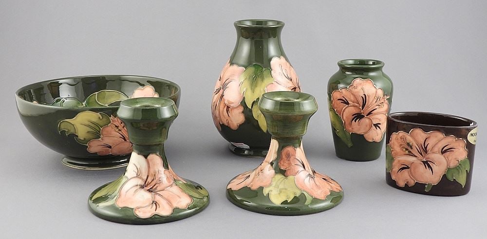 Six Moorcroft Hibiscus Wares, 2 3/8 - 5 1/4"h. (1 of 5)
