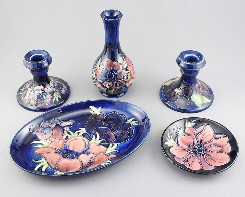 Four Moorcroft Anemone Wares & One Hibiscus Candlestick, 1 - 6 1/4"h. (1 of 5)