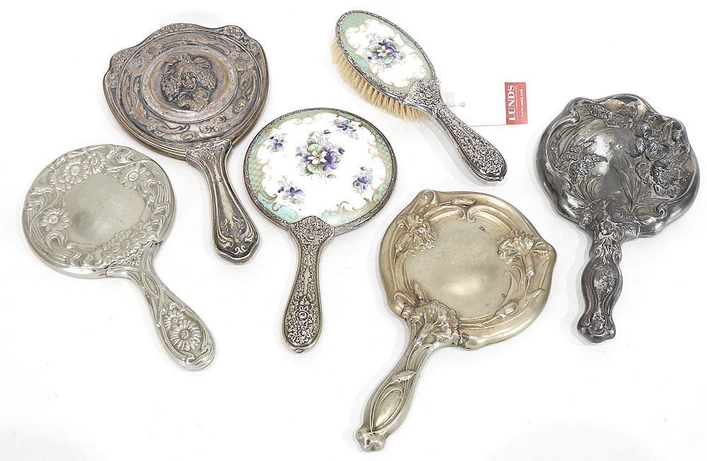 Collection of Silver Plated Art Nouveau Hand Mirrors & Brush. (1 of 2)