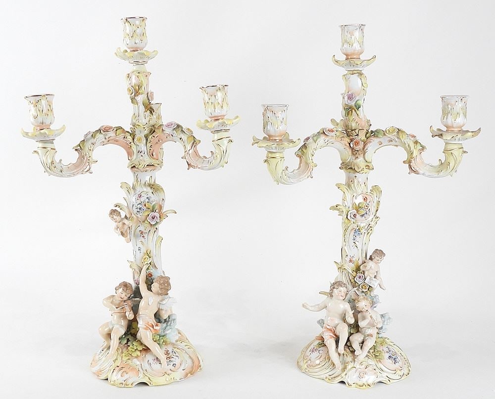 Pair of 19th C Continental Porcelain Candelabra, 19"h (various chips & repairs). (1 of 15)