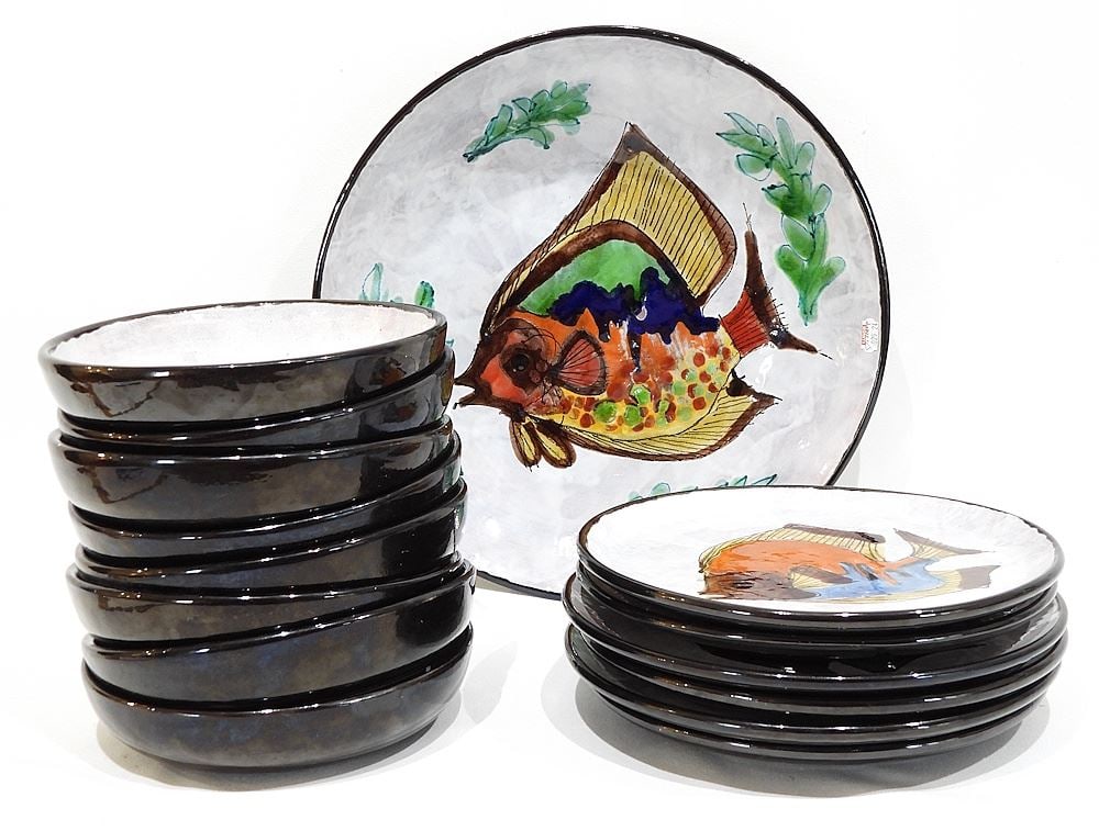 Collection of Ceramic "Fish" Dishes & Bowls signed Indistinctly (chips noted).: Collection of Ceramic "Fish" Dishes & Bowls signed Indistinctly (chips noted).