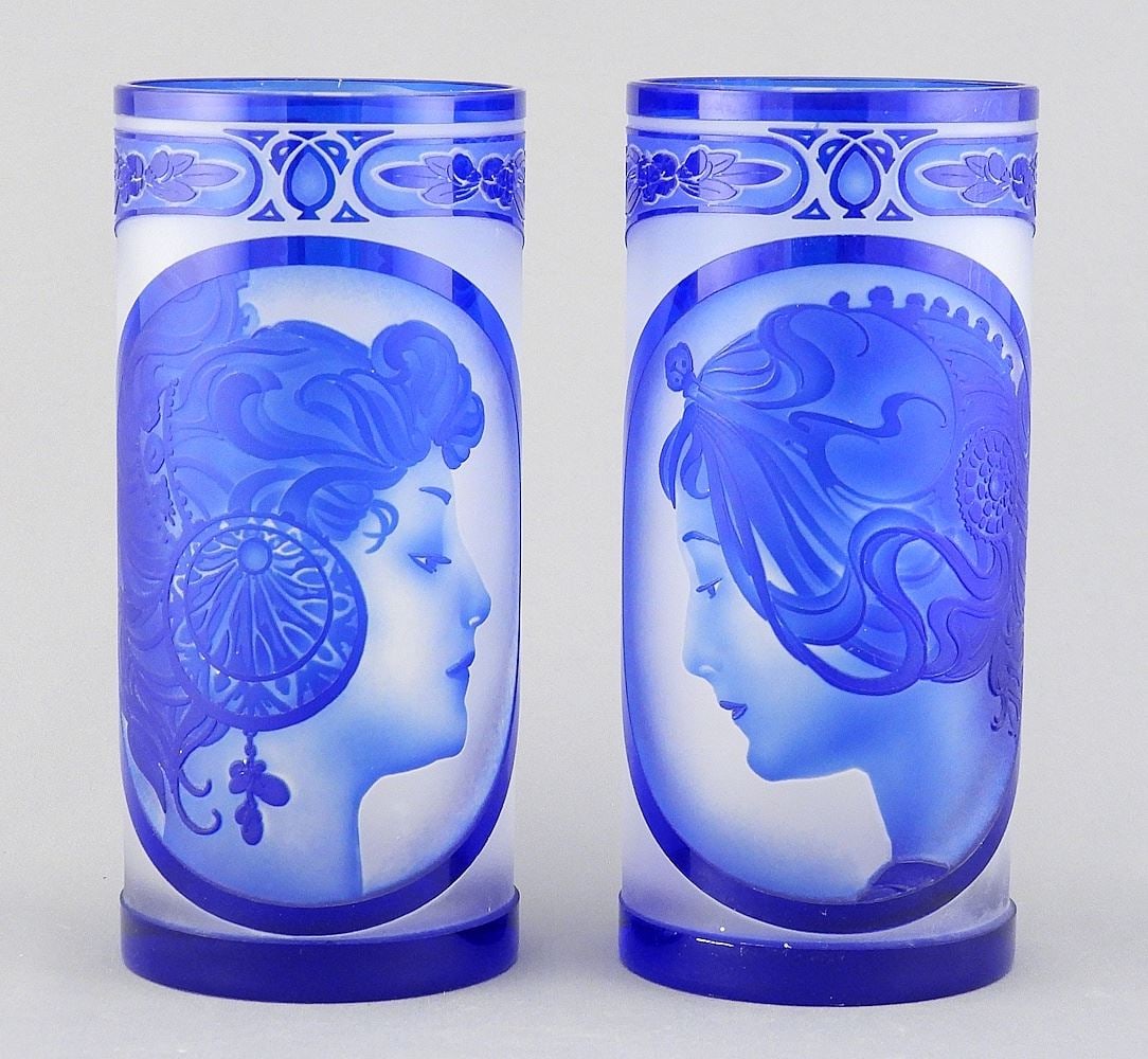 Pair of Czech Blue Cased Glass Art Nouveau Style Vases, 5 5/8"h. (1 of 2)