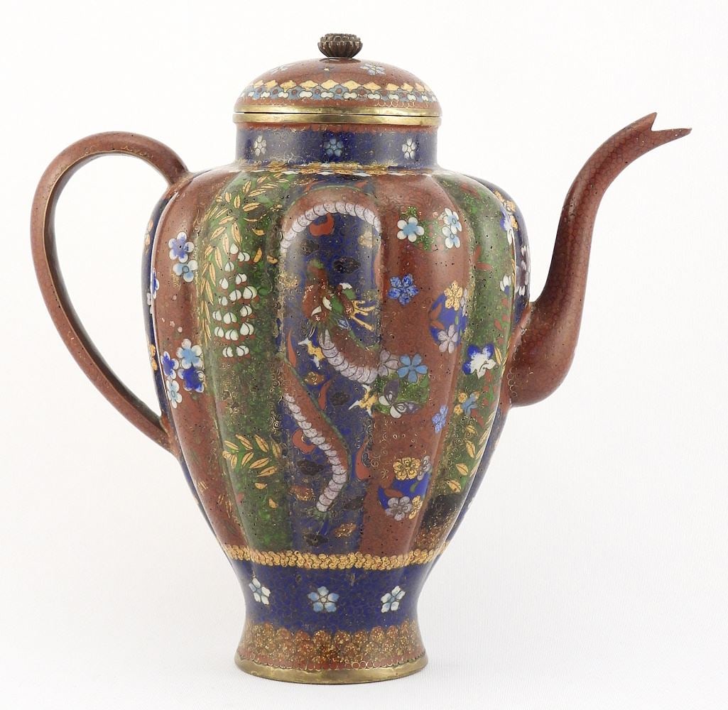 Japanese Meiji Cloisonne Lobed Handled Pot, 8"h. (1 of 8)