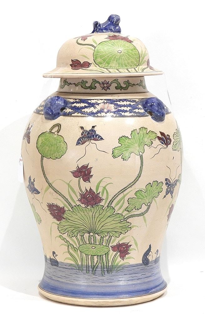 Asian Pottery Covered Vase, 19 1/2"h: Asian Pottery Covered Vase, 19 1/2"h