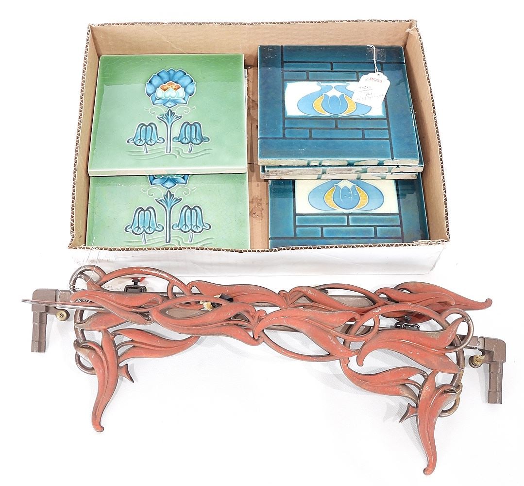 Seven English Art Nouveau Tiles (approx. 6 x 6"/minor chips) & Two "Lily" Hangers. (1 of 7)