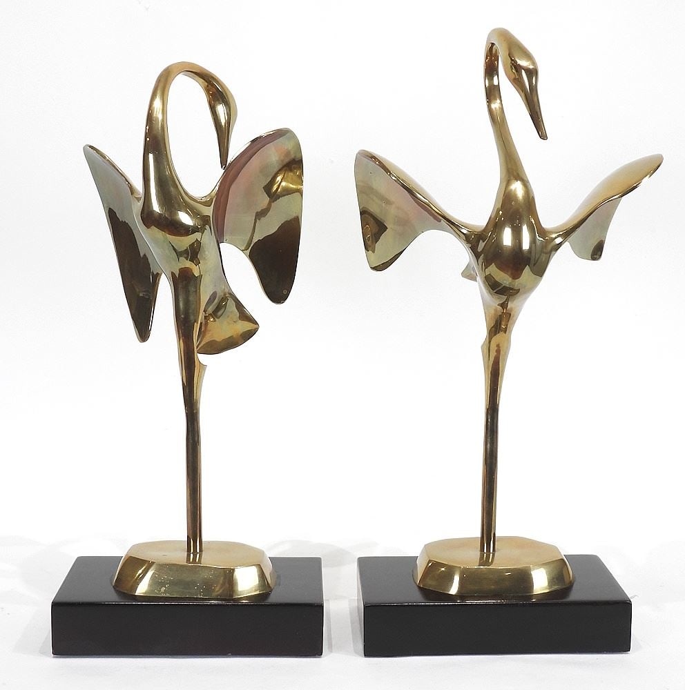 Pair of Brass Crane Sculptures on Wood Plinths, 17 1/2 & 18"h. (1 of 3)