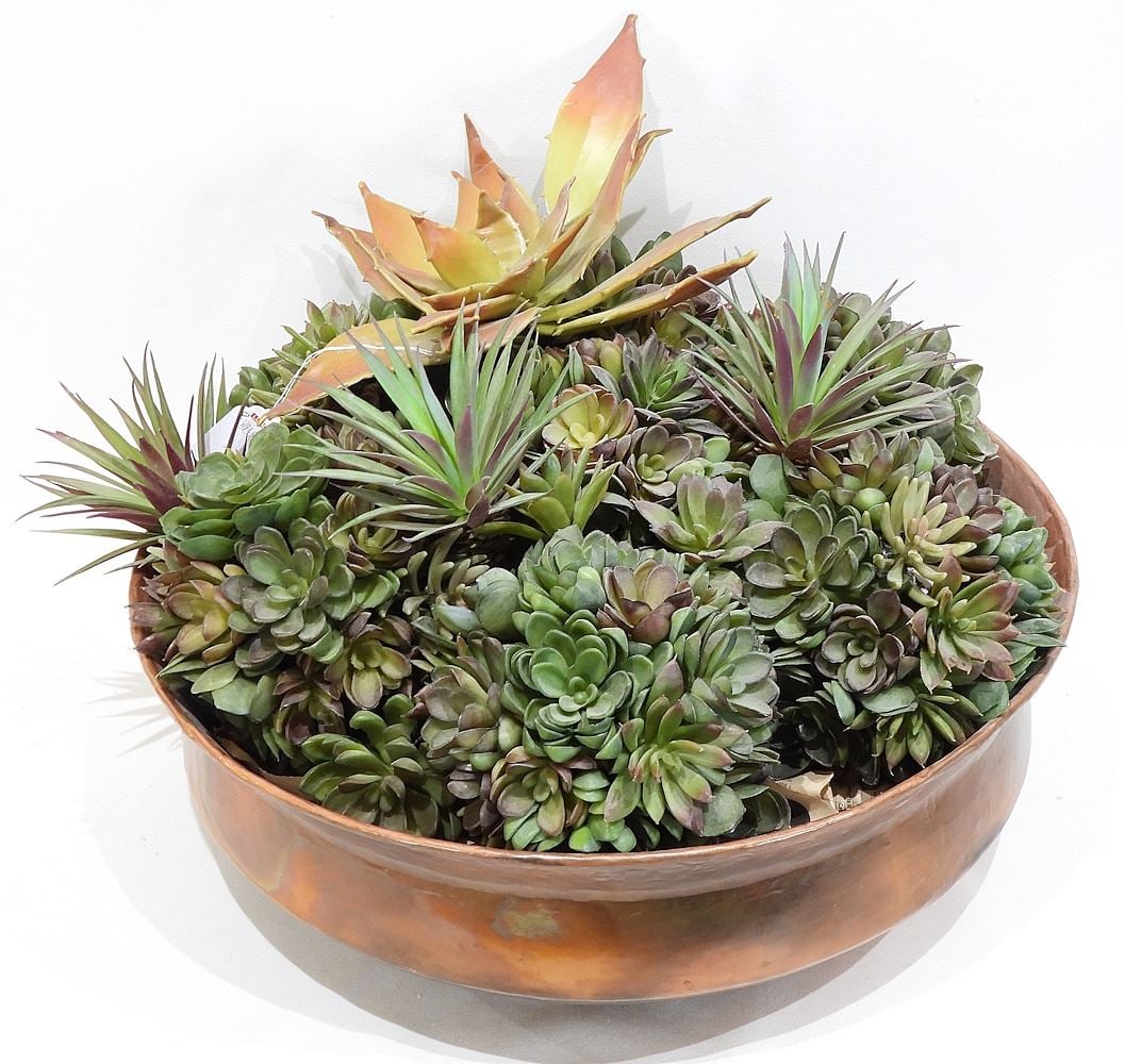 Copper Bowl with Faux Succulents, 18" Diameter.: Copper Bowl with Faux Succulents, 18" Diameter.