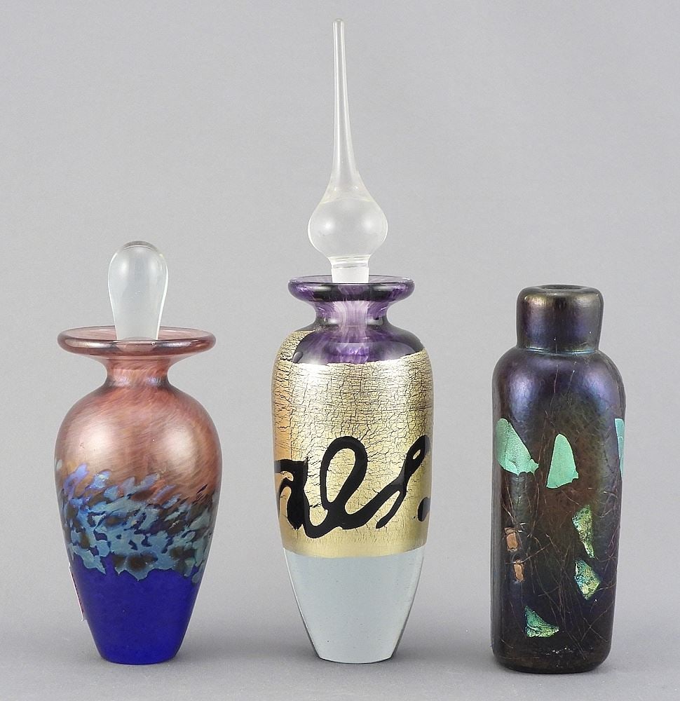 Three Robert Held Art Glass Perfume Bottles, 2 signed, 5 1/4-7 1/2"h (1 stopper lacking)(103/10 (1 of 3)