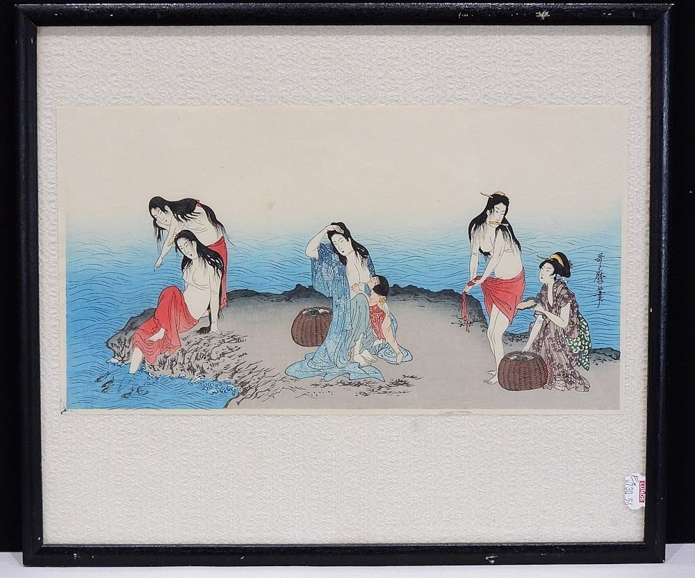 Japanese Woodblock Print by Kitagawa Utamaro, 7 x 12 5/8" "Abalone Divers". (1 of 4)