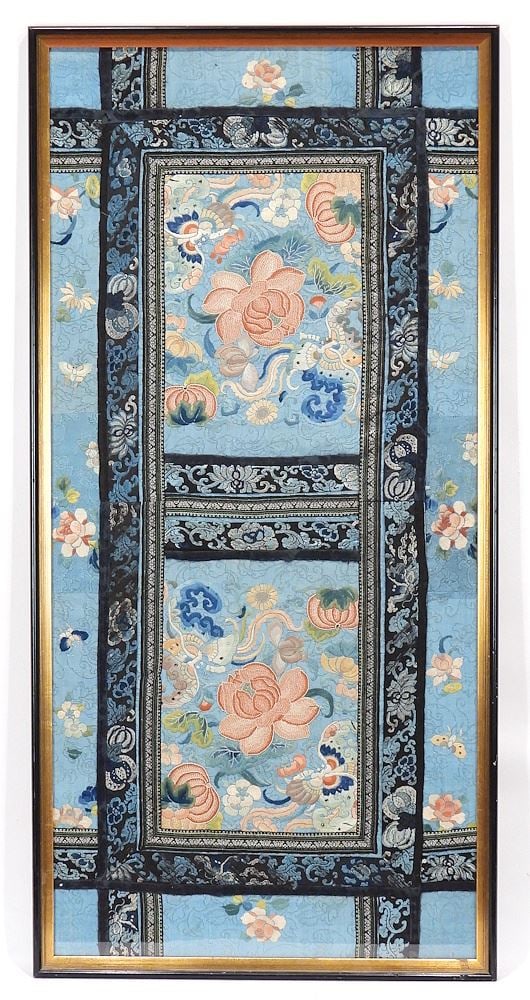 Qing Silk Panel, 35 1/2 x 16 1/2", Framed. (1 of 2)