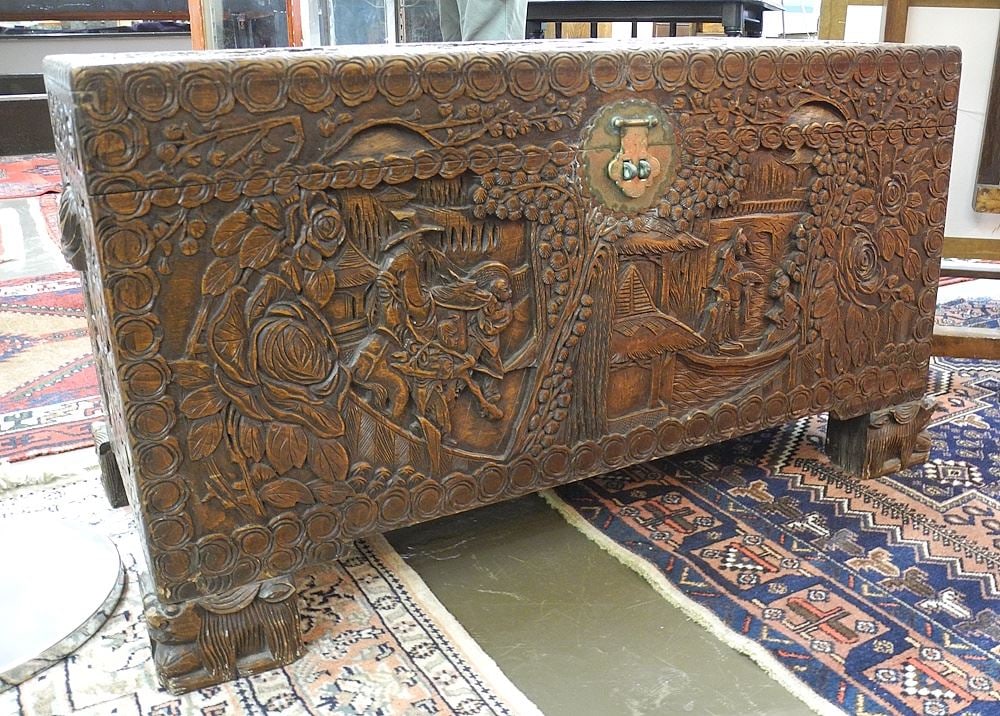 Deep Carved Camphor Wood Chest, Interior Marked Made in China.: Deep Carved Camphor Wood Chest, Interior Marked Made in China.