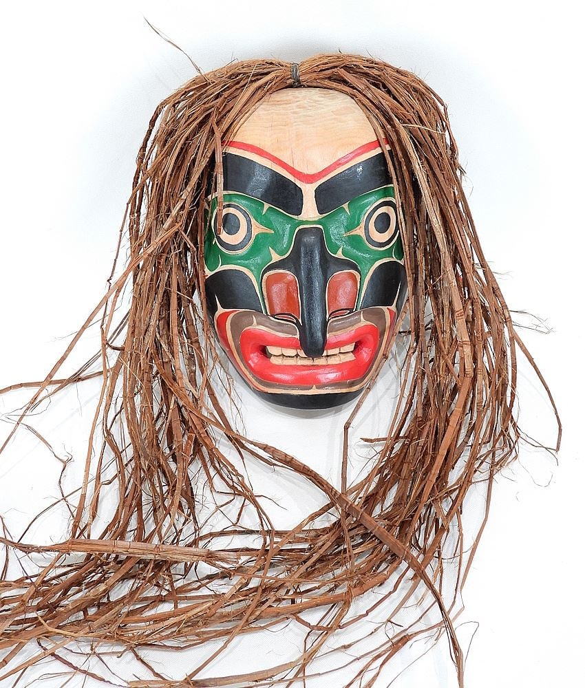 Kwagiulth Mask signed Willie Hawkins , 11"h "Wild Man of The Woods". (1 of 3)