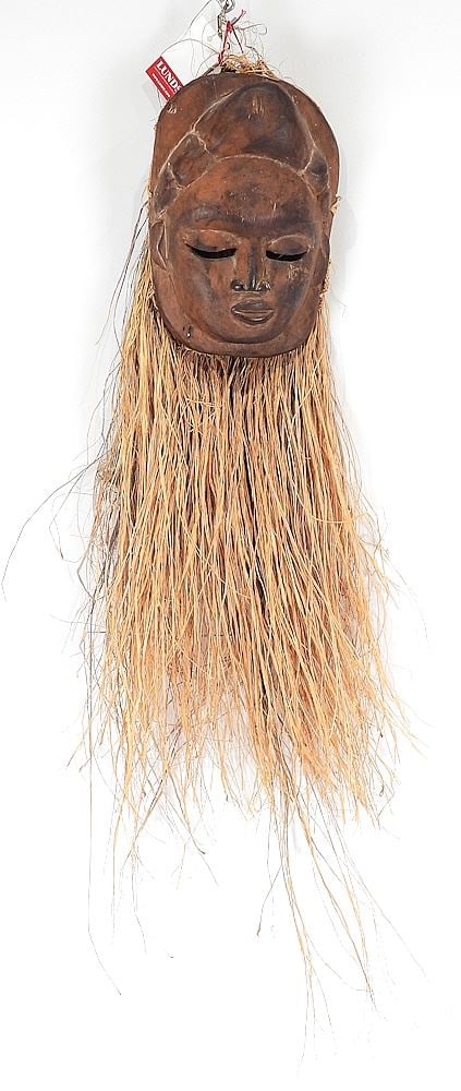 African Mask with Fibre & Linen Adornment, 9 1/8"h. (1 of 3)