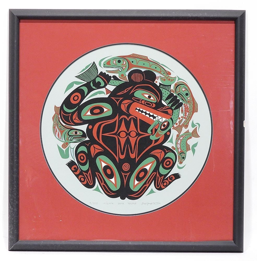 Coast Salish Serigraph signed Floyd Joseph '94 Tyee, 20 3/4" Diameter "Mixalh Bear People". (1 of 4)