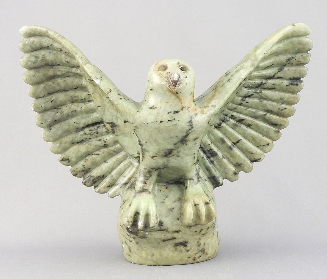 Inuit Stone Sculpture signed Patrick Nooyak Harrison, 7 x 9 x 4" "Welcome Owl". (1 of 4)