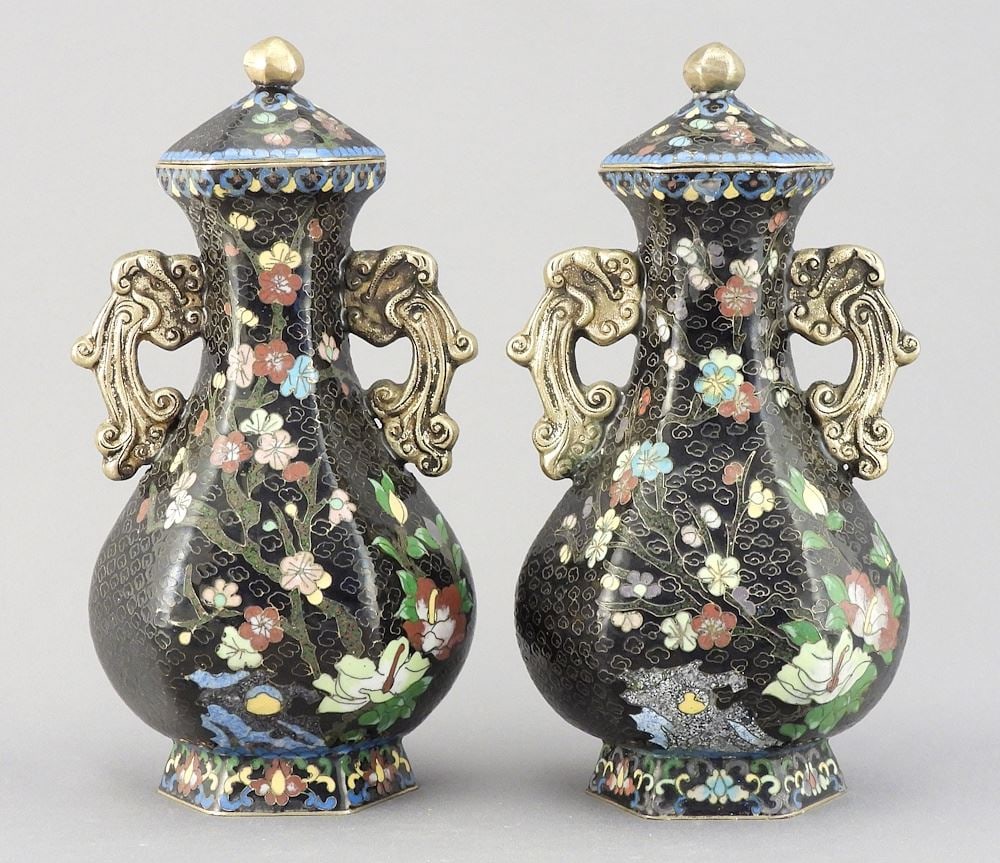 Pair of Chinese Cloisonne Hexagonal Covered Vases, 6"h. (1 of 2)