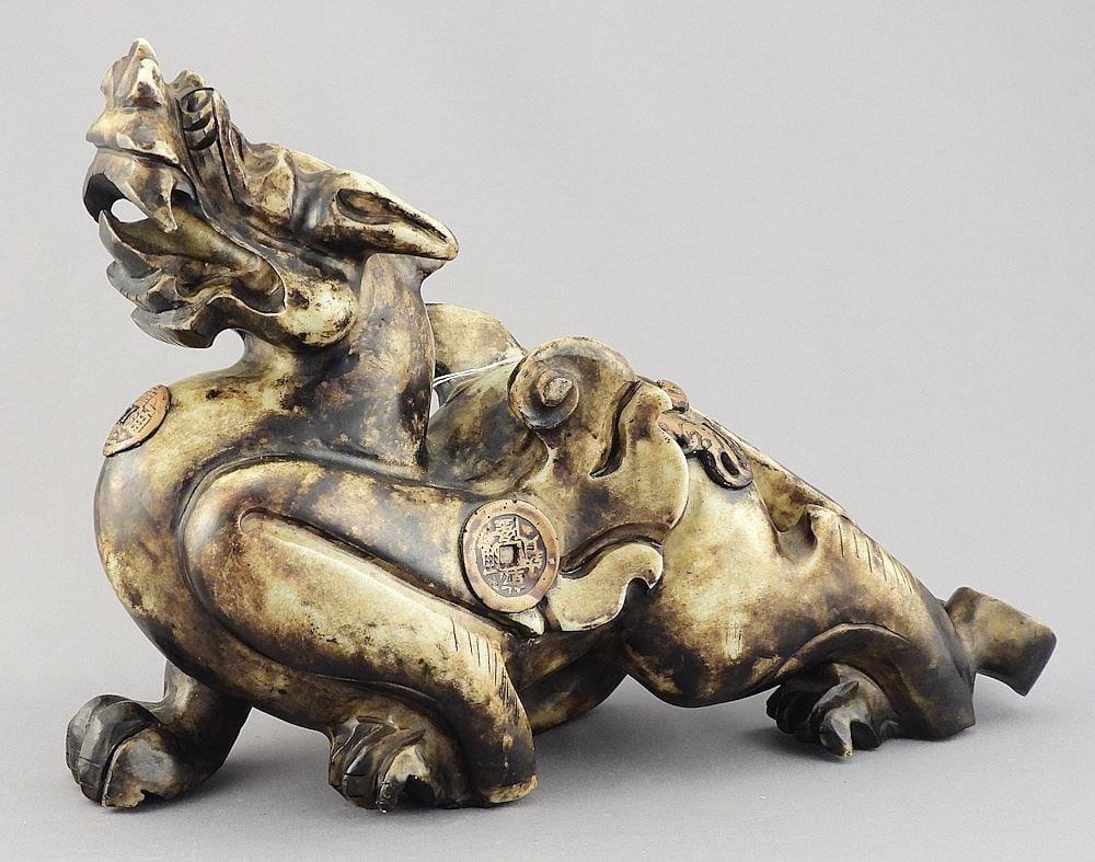 Chinese Carved Softstone Dragon, 12 3/8"L. (182).: Chinese Carved Softstone Dragon, 12 3/8"L. (182).