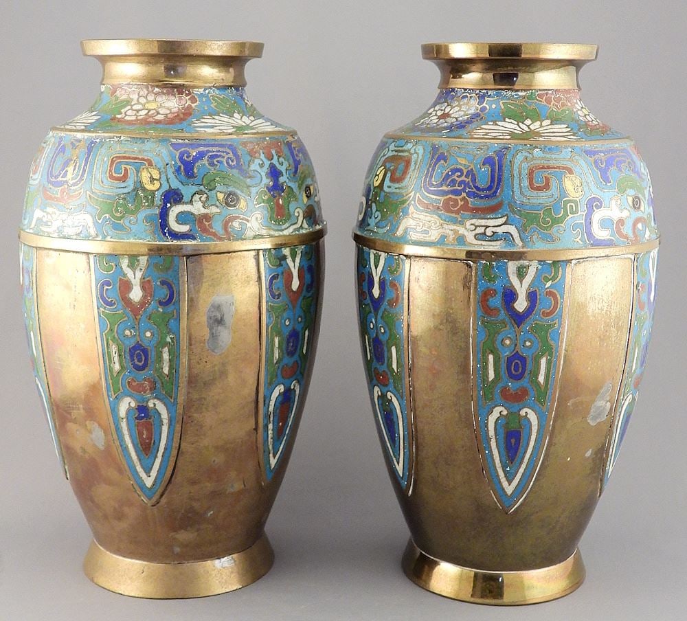Pair of Late 19th C. Japanese Bronze Cloisonne Enamel Vases in Chinese Taste, 11 1/2"h. (1 of 3)