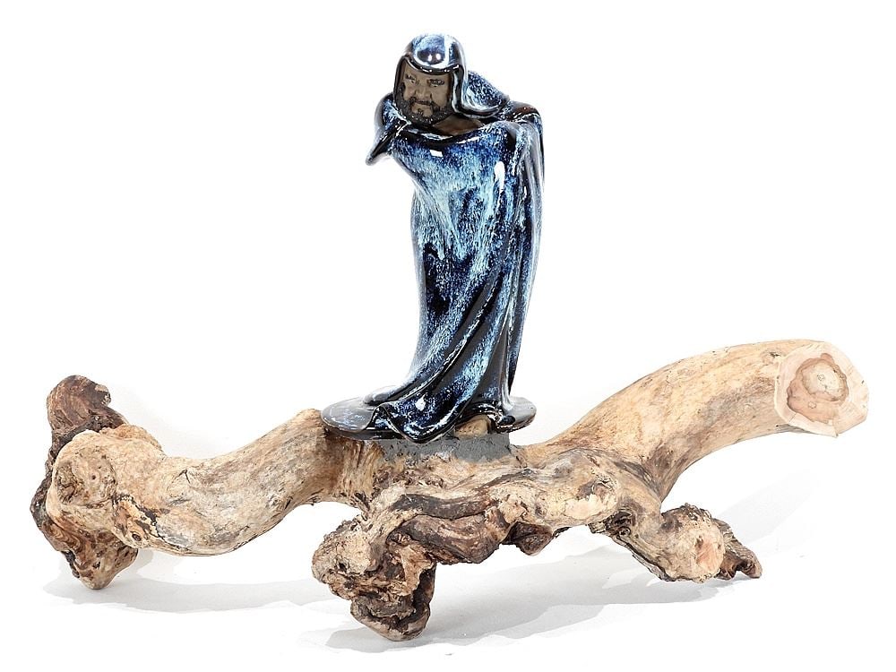 Old Yabai Root with Shiwan Ware "Zhong Kui" Figure Subduing Demons, 15 x 23 1/2 x 10".: Old Yabai Root with Shiwan Ware "Zhong Kui" Figure Subduing Demons, 15 x 23 1/2 x 10".