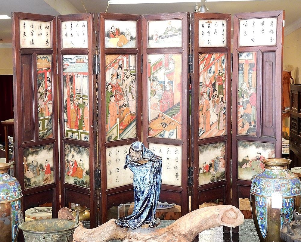 Chinese Six Panel Rosewood Stone Inset Screen, Each Panel 30 1/2 x 7 1/8 x 5/8". (1 of 2)