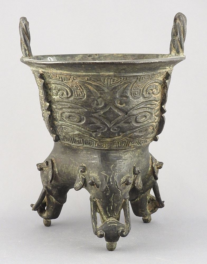Chinese Bronze Gui With Beast Mask Pattern and Three Elephant Legs, Late 19th/20th C, 8 3/8"h. (1 of 5)