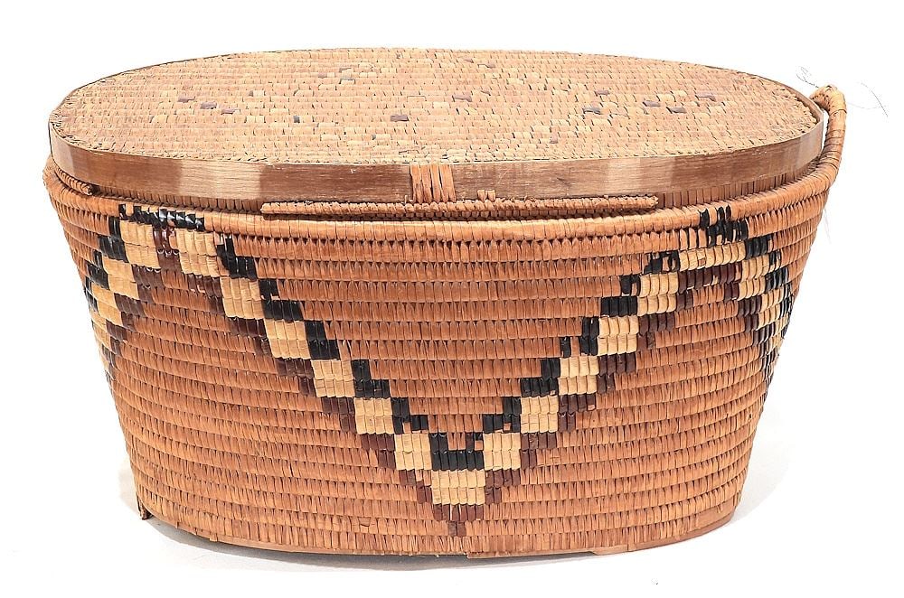 Salish Imbricated Covered & Handled, 10 x 19 1/2 x 13" (damage noted).: Salish Imbricated Covered & Handled, 10 x 19 1/2 x 13" (damage noted).
