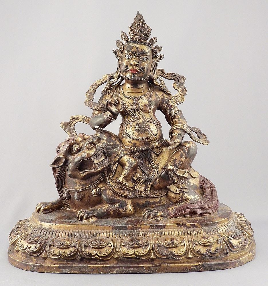 China Gilt Metal Figure of the Buddha & Lion Dog, 11 3/4"h.: China Gilt Metal Figure of the Buddha & Lion Dog, 11 3/4"h.