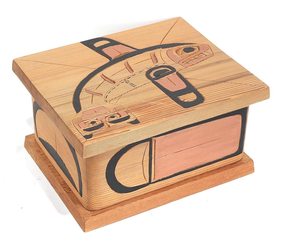 Heiltsuk Bentwood Style Box signed Charles George, 6 3/4 x 12 1/2 x 10 1/4" "Orca".: Heiltsuk Bentwood Style Box signed Charles George, 6 3/4 x 12 1/2 x 10 1/4" "Orca".