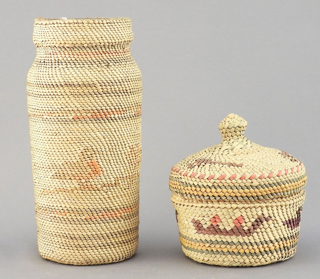 Nuu-Chah-Nulth Basket Wrapped Bottle & Knob Top Basket, 5 3/4 & 3 1/4". (1 of 2)