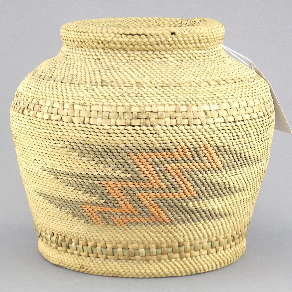 Nuu-Chah-Nulth Basketry Wrapped Chinese Brown Glazed Pot, 5 1/8 x 5 3/4" Diameter. (1 of 3)