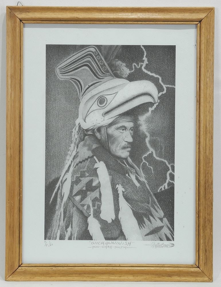 Print signed Curtis Brown Ojibwa 1999, 14 1/2 x 10 1/2", "Wickaninnish Nuu-Chah..." (1 of 3)