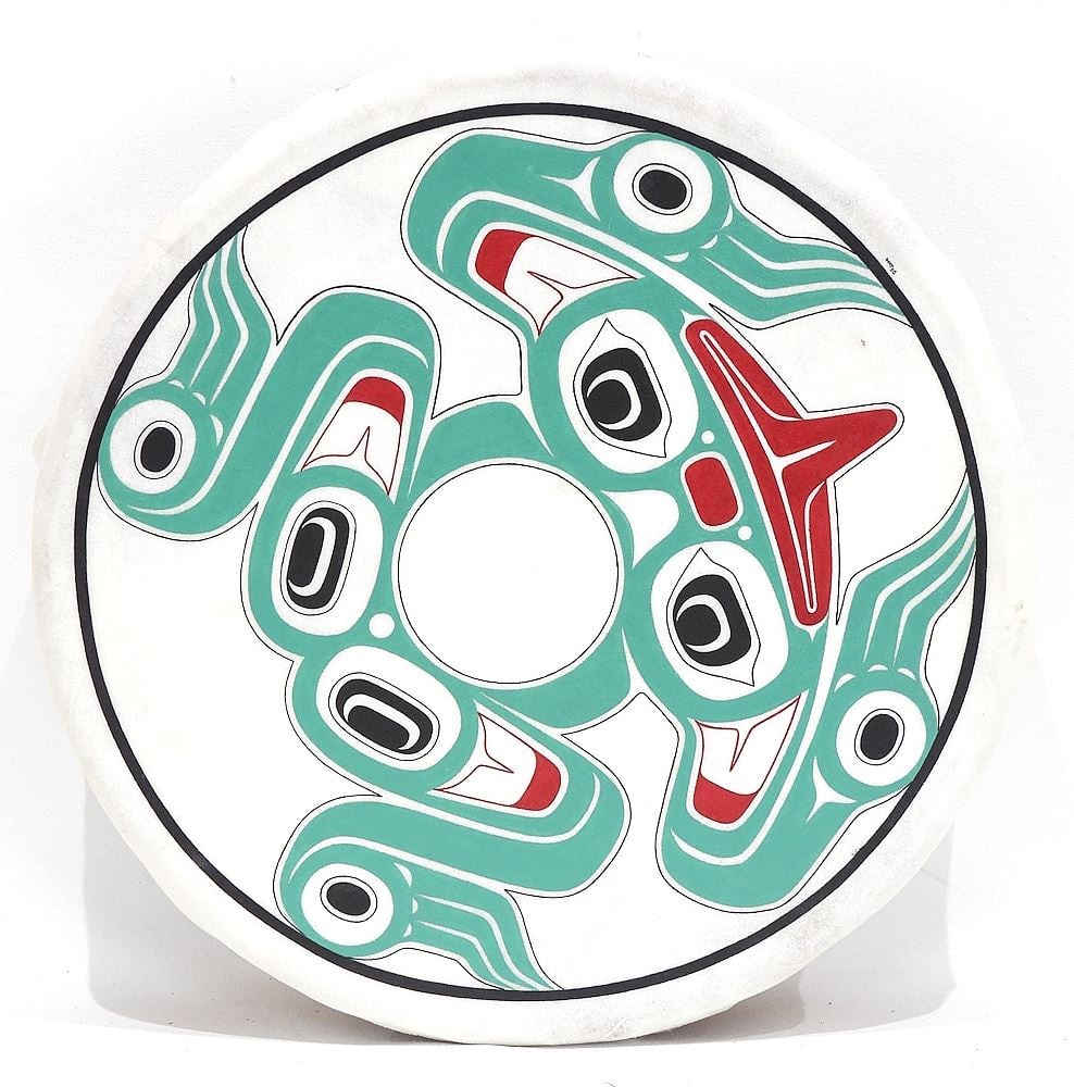 Northwest Coast Drum Monogrammed DR (Dale Rimmer) 2000, 3 1/4 x 13". (1 of 3)