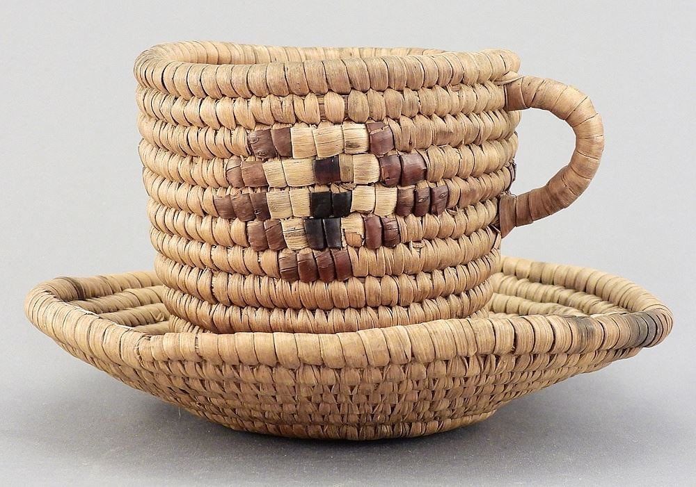 Salish Basketry Teacup & Saucer, 3 3/8 x 6" Diameter. (1 of 3)