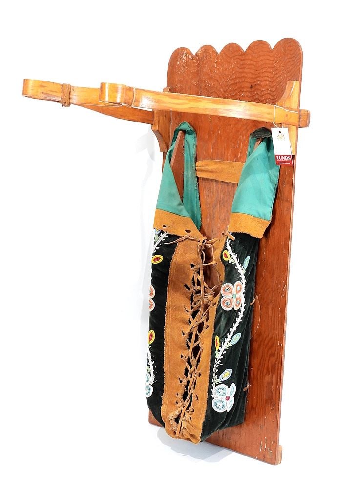 Ojibway Beaded Hide Cradleboard, 32 1/4 x 12 1/2 x 18". (1 of 3)