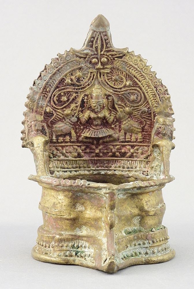 Hindu Gajalakshmi Diya Brass Oil Lamp, 5"h.: Hindu Gajalakshmi Diya Brass Oil Lamp, 5"h.