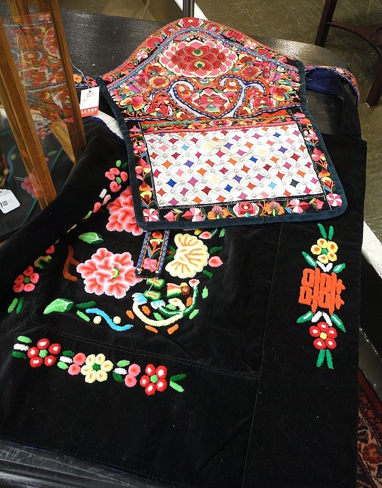 Ethnic Chinese Baby Carrier (24 1/2" h) & Embroidered Apron, 26"L, Lijiang, Yunnan Prov., Chi (1 of 3)