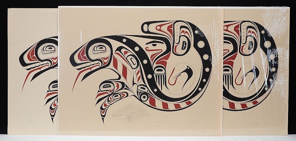 Three Nisga'a Serigraphs signed Wayne Young, 22 x 28" "Raven with Brown Bear" Incl. remarque: Three Nisga'a Serigraphs signed Wayne Young, 22 x 28" "Raven with Brown Bear" Incl. remarque