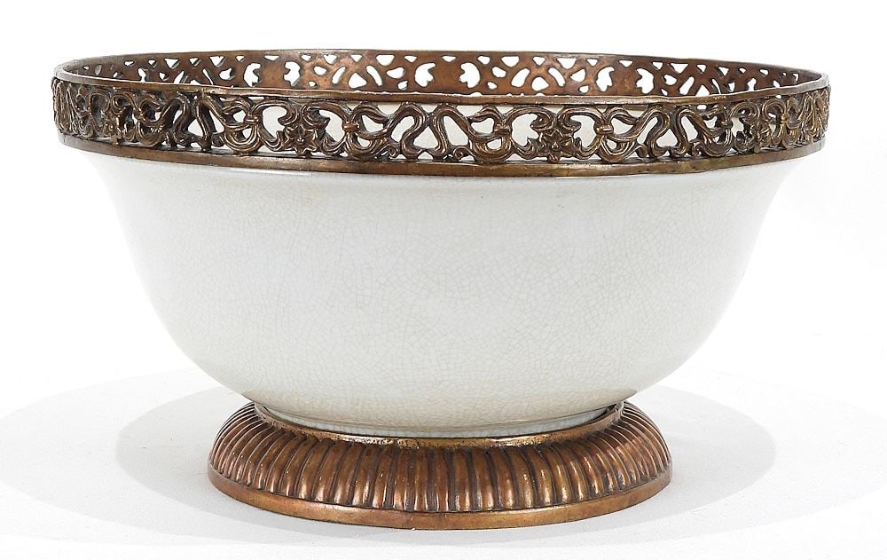 Craqueline Porcelain Bowl with Bronze Rim & Base, TH 6 1/2 x 12 5/8 " Diameter. (1 of 3)